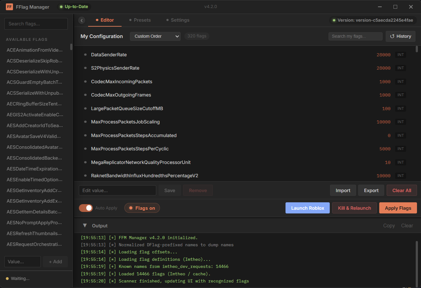 Legacy theme: charcoal editor with orange controls and a searchable flag sidebar